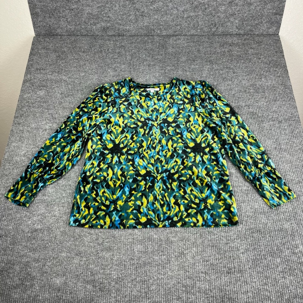 Chicos Top Womens 3/XL Abstract Print Velour Puff Sleeve Stretch Blue Green Luxe